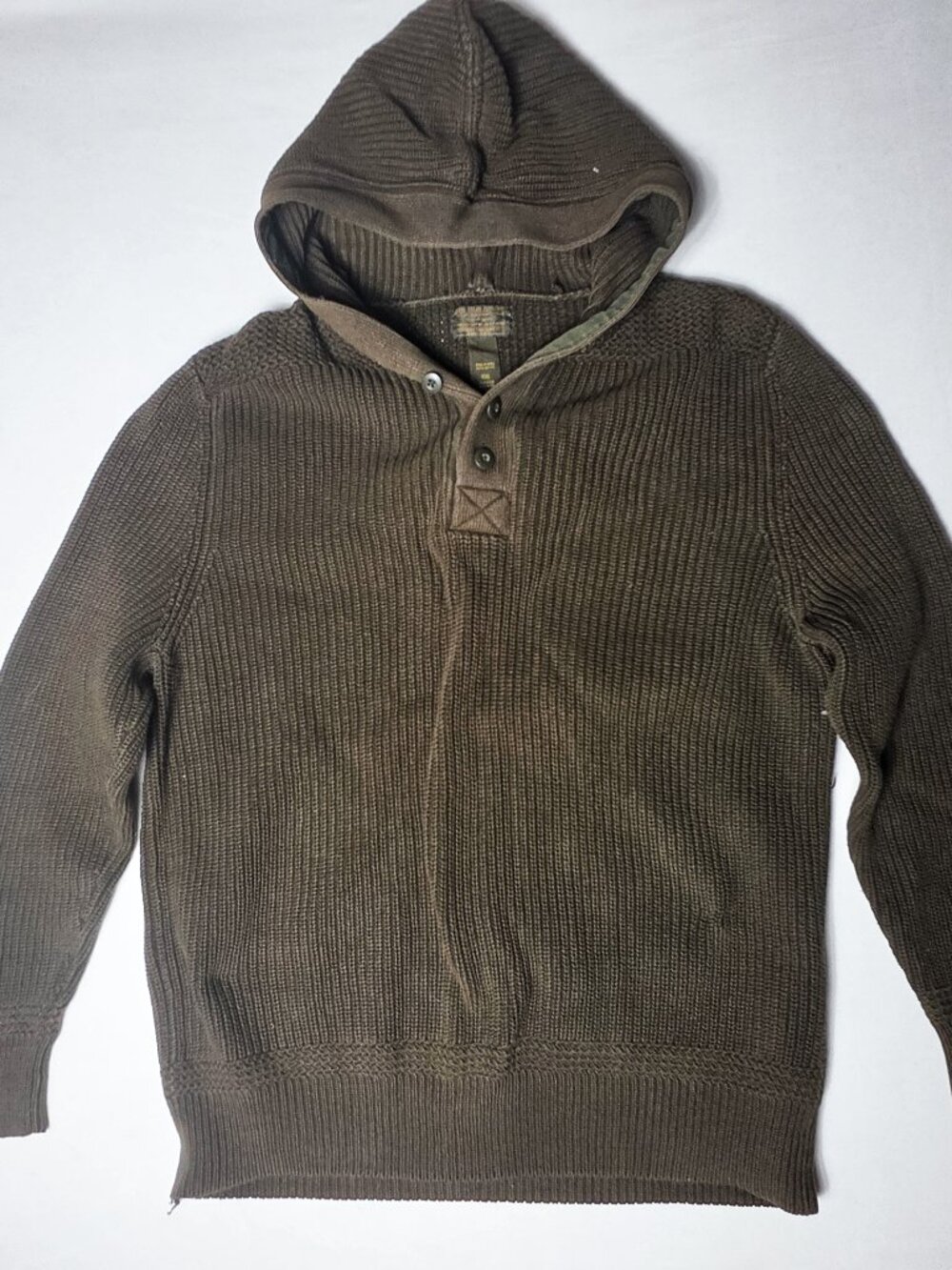 XXL Lucky Brand Mens Henley Hooded Sweater Olive Green Knit Pullover Elbow patch